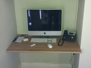 Bespoke Computer Shelving - Work desk solution for an alcove of a Garstang house, involving bespoke wooden shelving with further storage above